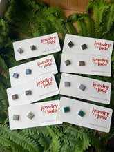 Load image into Gallery viewer, small square rustic porcelain earrings finished with potters glazes
