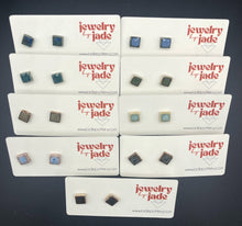 Load image into Gallery viewer, small square rustic porcelain earrings finished with potters glazes