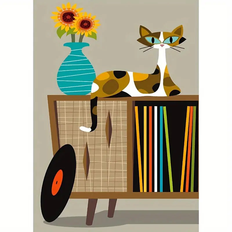 Cat on a record shelf 12x16 canvas poster