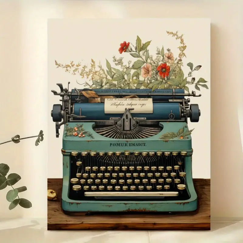 Vintage Typewriter and flowers 12x16 canvas poster