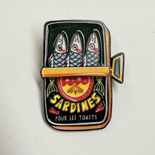 Load image into Gallery viewer, Sardine can Cute Foodie pin tinned fish enamel brooch free ship kitsch $25+
