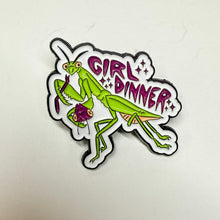Load image into Gallery viewer, Girl Dinner Praying Mantis Bug dark humor Enamel Pin FREE SHIPPING OVER $25
