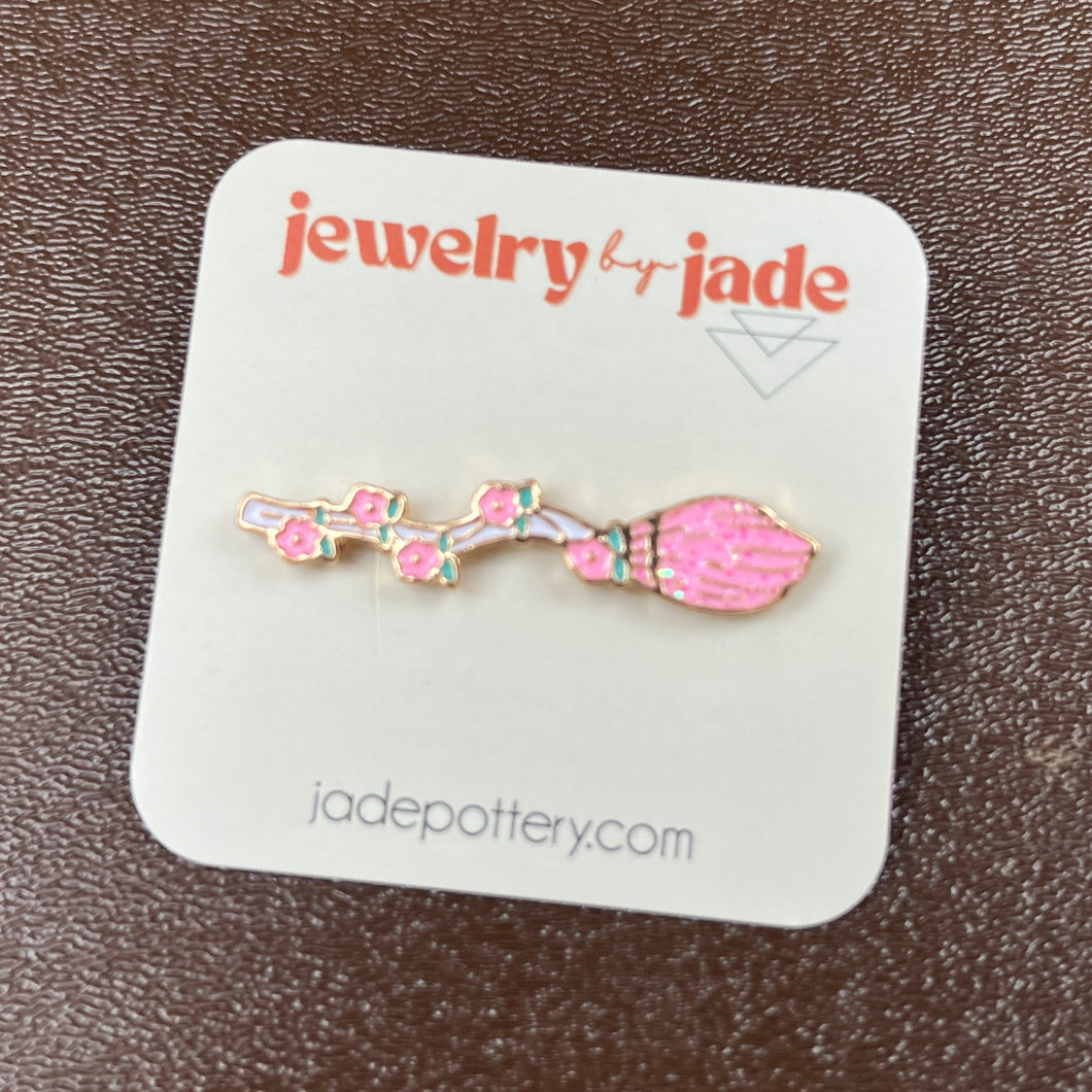 Pink Flower Broom Witch enamel pin