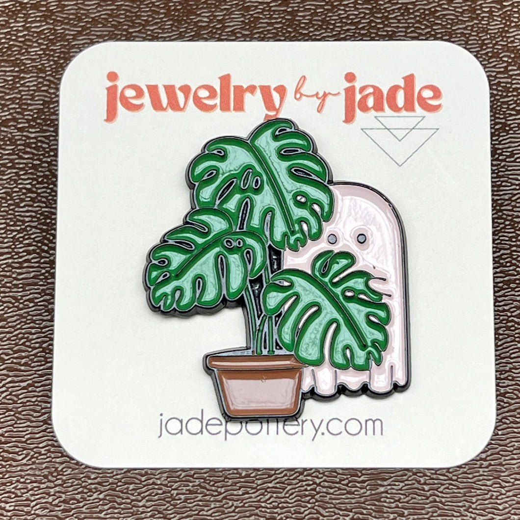 ghost monstera plant Ghost Hiding Behind Monstera Plant enamel pin FREE SHIPPING WITH $45 – Jade Pottery