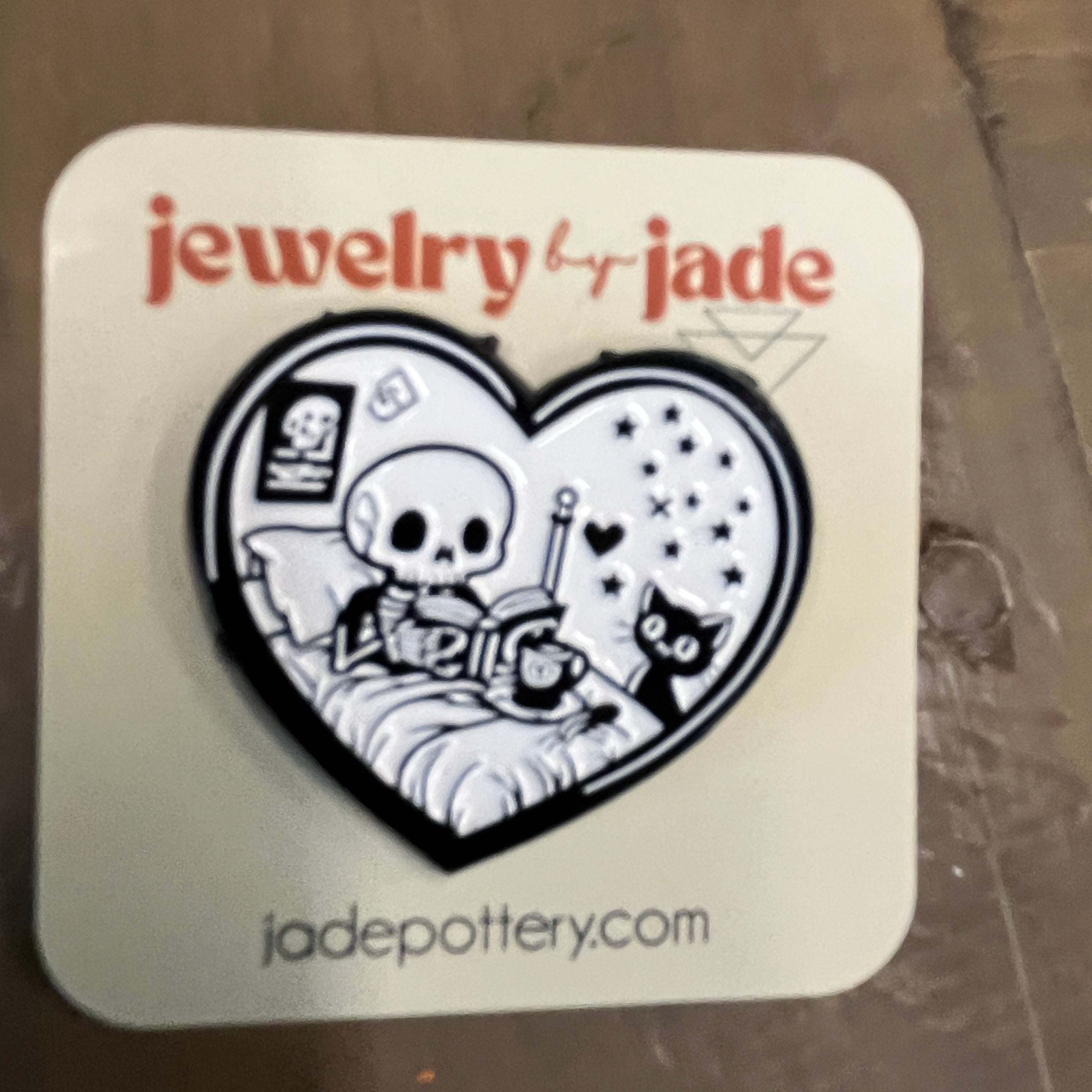 skeleton and cat in bed reading funny enamel pin FREE SHIPPING OVER $4 ...