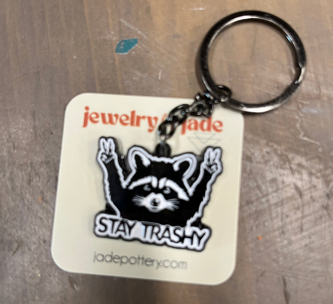stay trashy raccoon enamel pin keychain