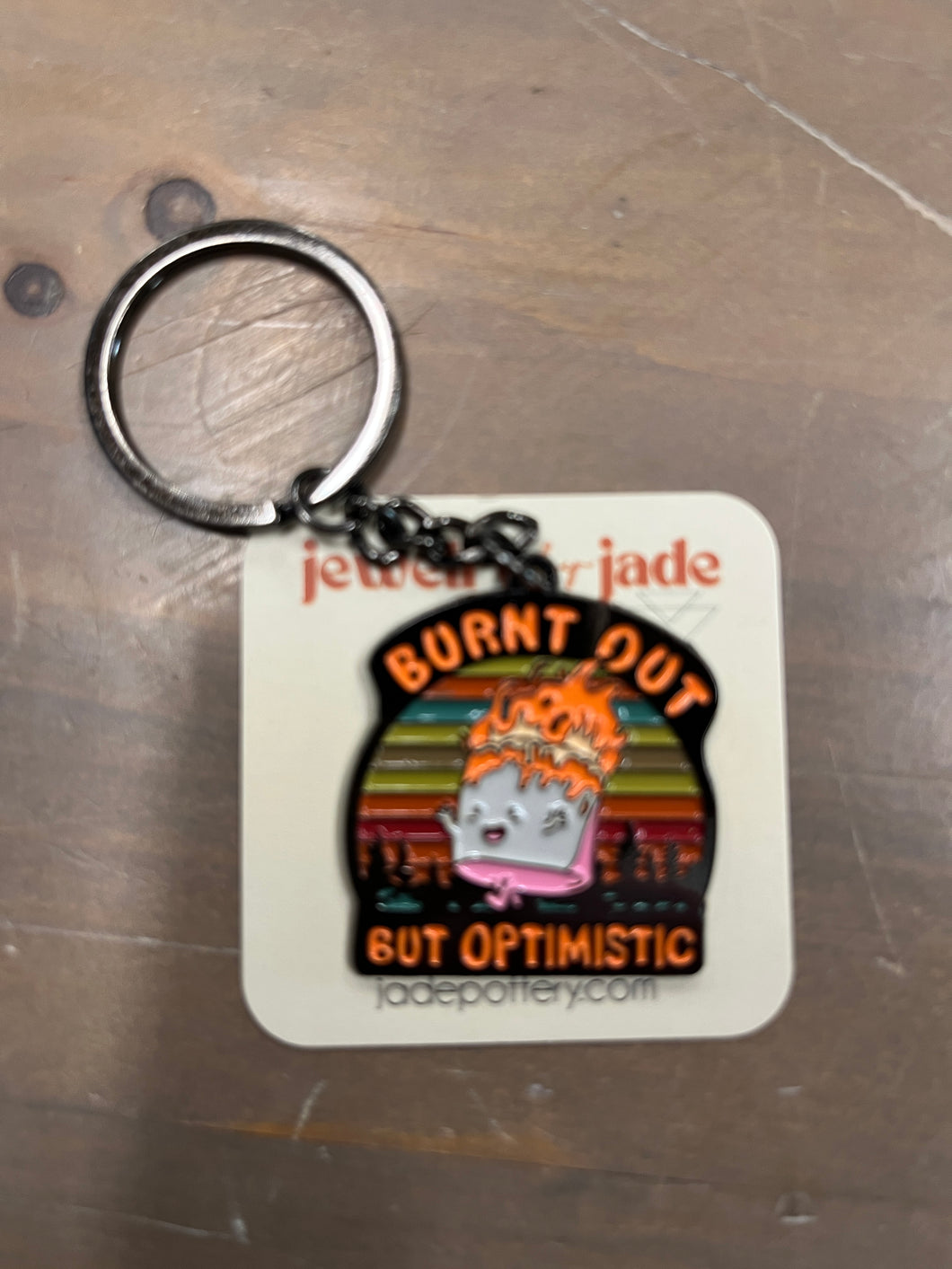 burnt out but optimistic marshmallow enamel pin keychain