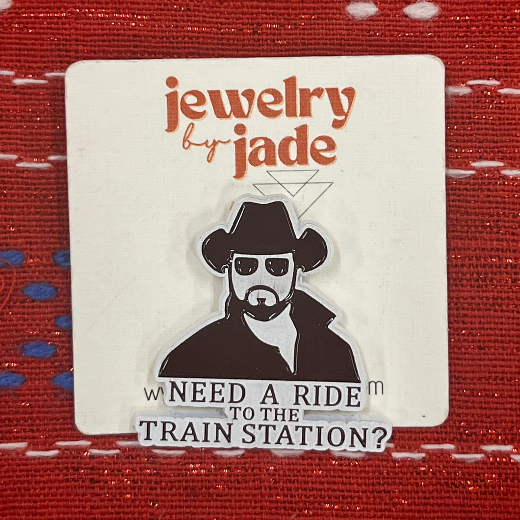 Yellowstone Rip ride to the train station enamel pin cowboy funny brooch