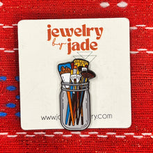 Load image into Gallery viewer, Funny artist enamel pins Frida, eraser I make mistakes, artist brush, gel pen pack, crafty bitch
