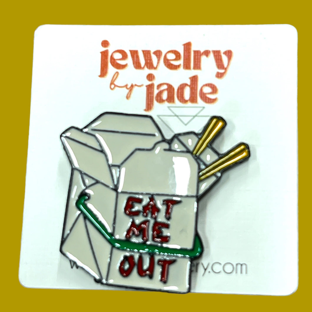 eat me out Chinese take out box funny retro style enamel pin