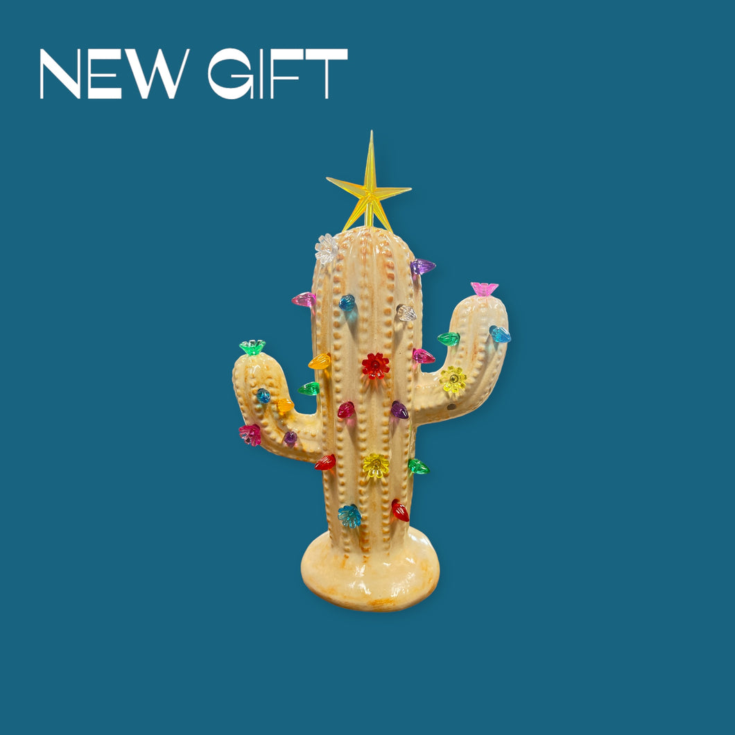 Cream Sand Colored Ceramic Cactus Light up tree Vintage look holiday or everyday hand painted