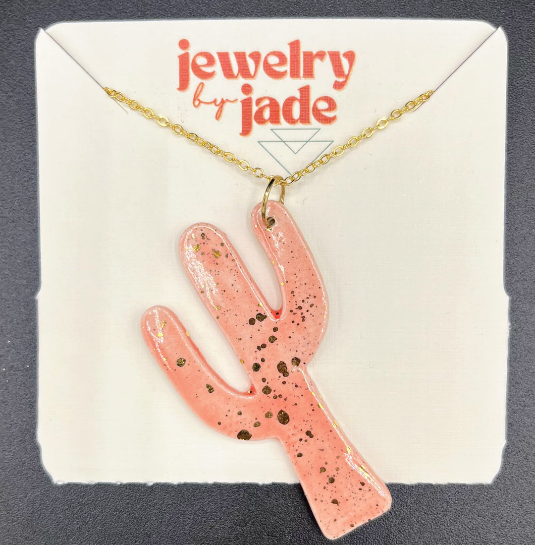 Coral and 22k gold detailed cactus necklace porcelain